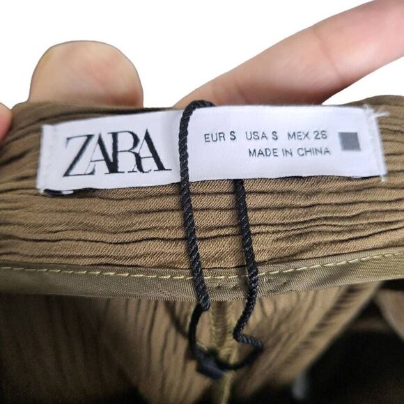 NEW ZARA Crinkle High Waist Olive Green Brown Trousers Pants Size Small - Picture 7 of 8